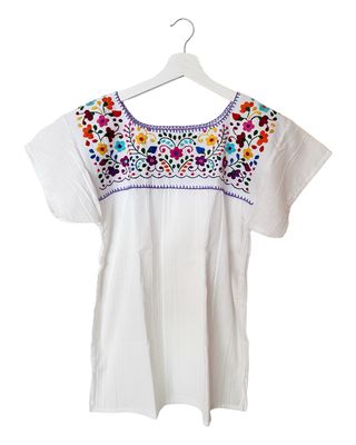 Mexikanische Bluse Puebla, Sommerbluse Ethno-Style, S, Bluse für Dame, Geschenk für Mama, Kurzarmbluse weiß