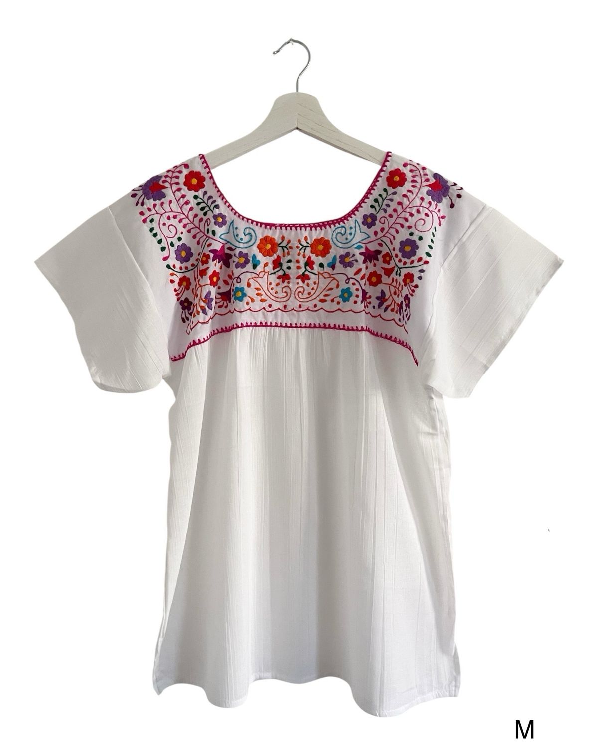 Mexikanische Bluse, Sommerbluse M, handgemachte Stickerei, 100% Baumwolle