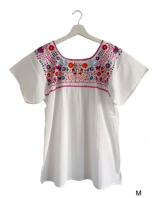 Mexikanische Bluse, Sommerbluse M, handgemachte Stickerei, 100% Baumwolle