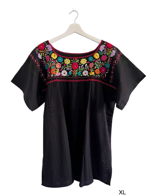 Mexikanische Sommerbluse, schwarze Bluse XL Mexikanische Sommerbluse, schwarze Bluse XL