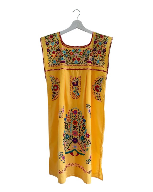 Mexikanisches Sommerkleid mit Blumen ohne Ärmel, Boho Tunika, Dame M