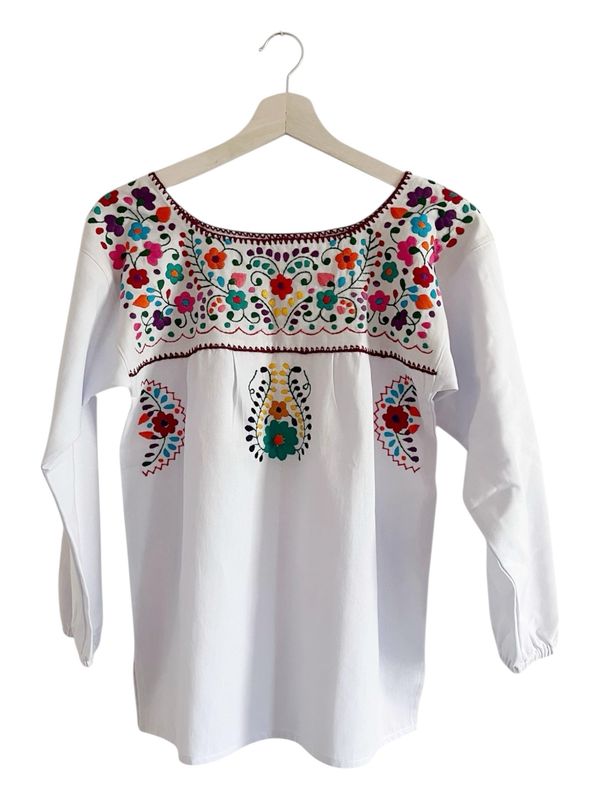 Mexikanische Langarmbluse Puebla mit Stickerei, Boho Dame Bluse S
