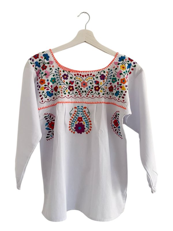 Mexikanische Langarmbluse Puebla mit Stickerei, Boho Dame Bluse S