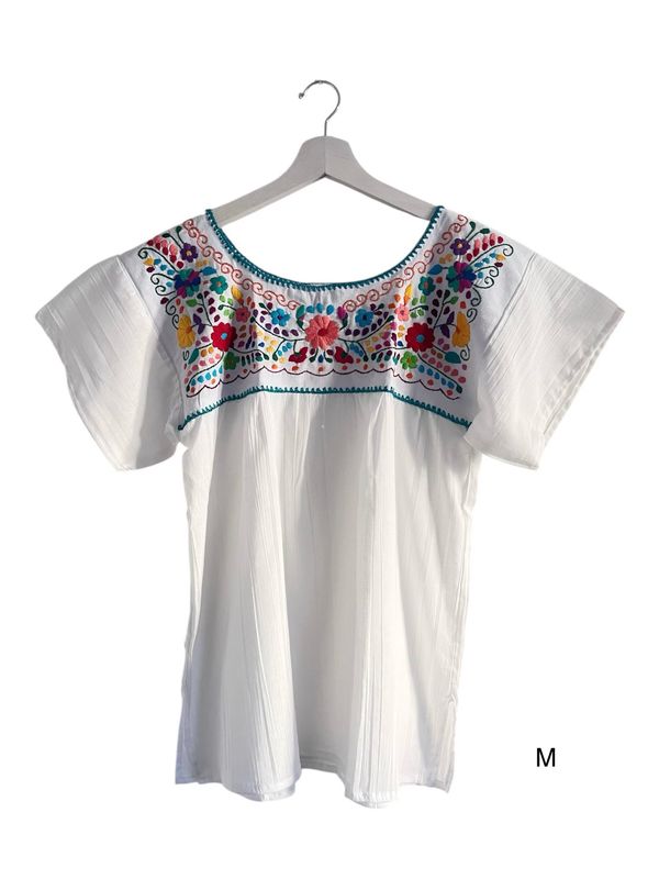 Mexikanische Bluse Puebla mit Stickerei, Boho Sommerbluse M