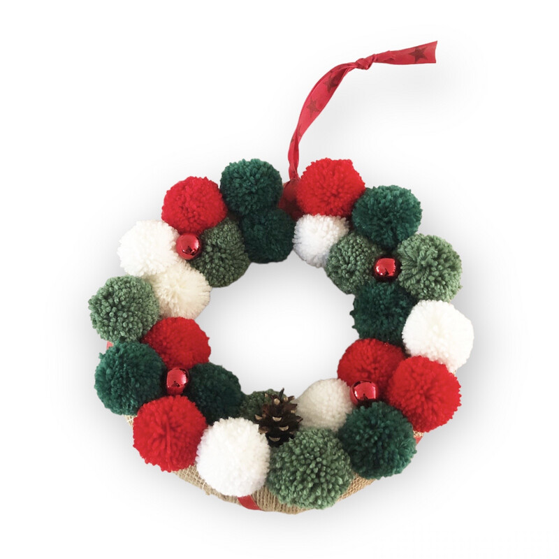 Türkranz für Weihnachten, Weihnachtsdekoration, Weihnachtskranz mit Pompomps