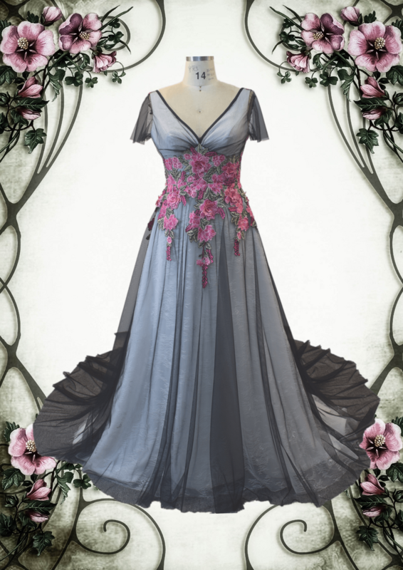Schwarzes Hochzeitskleid mit Blumenapplikationen Black wedding dress with floral appliques Schwarzes Hochzeitskleid mit Blumenapplikationen Black wedding dress with floral appliques