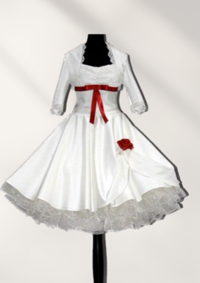 Bezauberndes Brautkleid im Stil der 50er Jahre mit roter Schleife und Rose