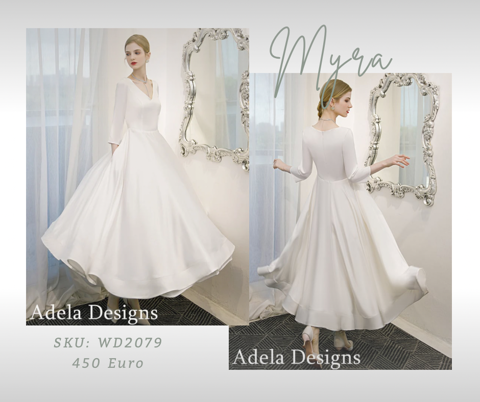 Ein kurzes Vintage-Hochzeitskleid aus weichem Satin mit 3/4-Ärmeln.