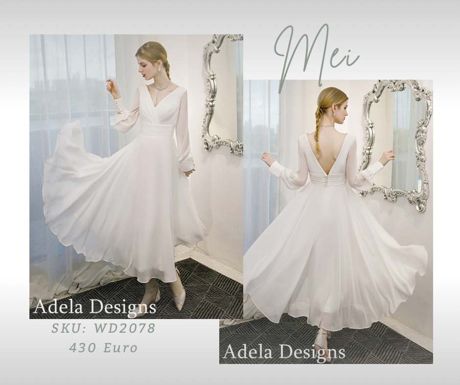Mei Chiffon-Hochzeitskleid in Tee-Länge mit langen Ärmeln.