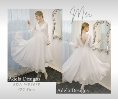 Mei Chiffon-Hochzeitskleid in Tee-Länge mit langen Ärmeln. Mei Chiffon-Hochzeitskleid in Tee-Länge mit langen Ärmeln.
