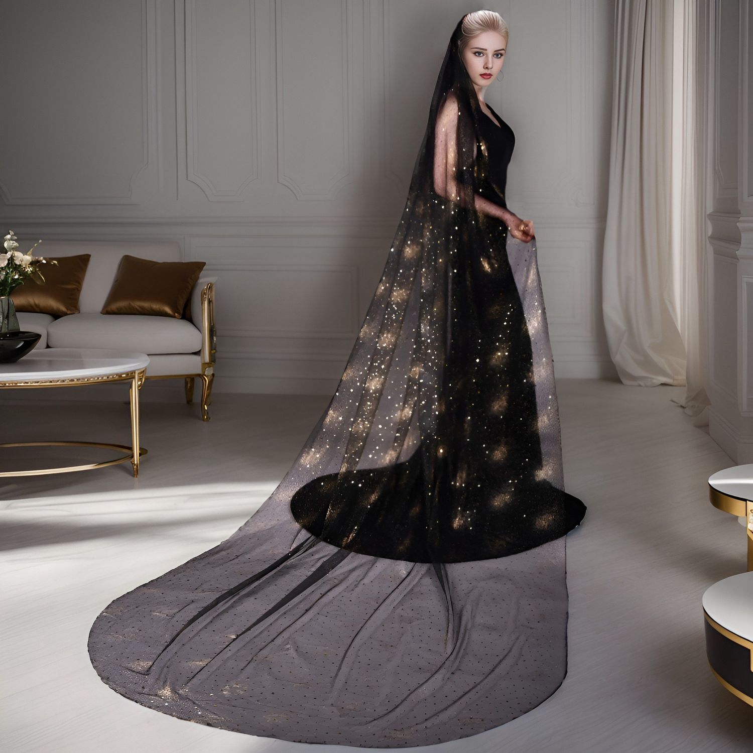 Schleier schwarz mit Sternen im Gothic Stil