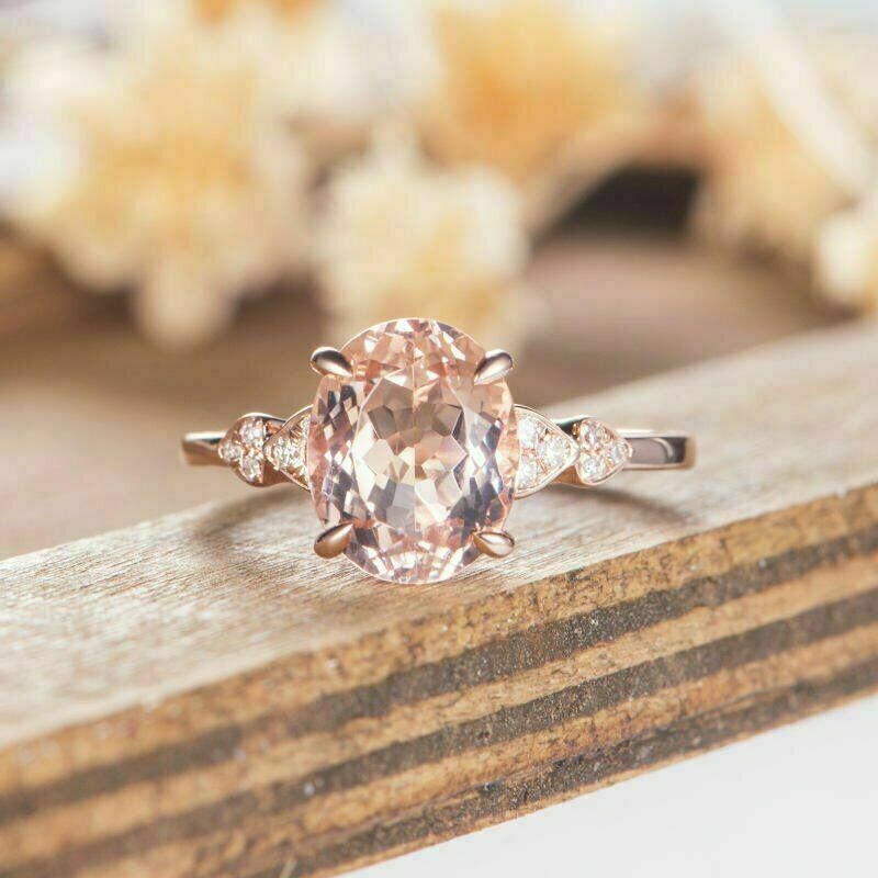 Oval Cut Morganite Diamond Solitaire Engagement Ring