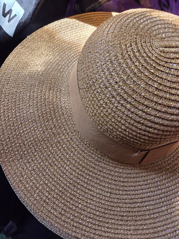 Adults, Teens &amp; Tweens Tan Regular Brim Sunhat with Gold Thread in the weave