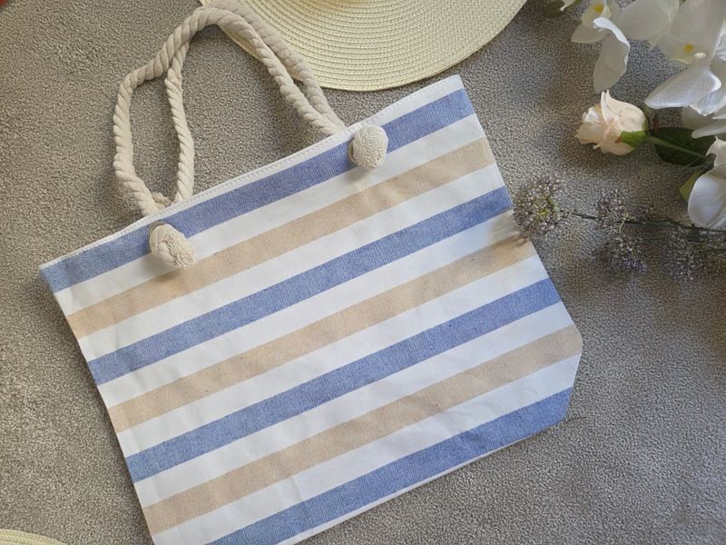 Striped Picnic Swimming Beach Bag - Neutral Blues Striped Picnic Swimming Beach Bag - Neutral Blues