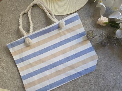 Striped Picnic Swimming Beach Bag - Neutral Blues