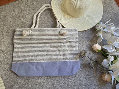 Striped Picnic Swimming Beach Bag - Grey &amp; White