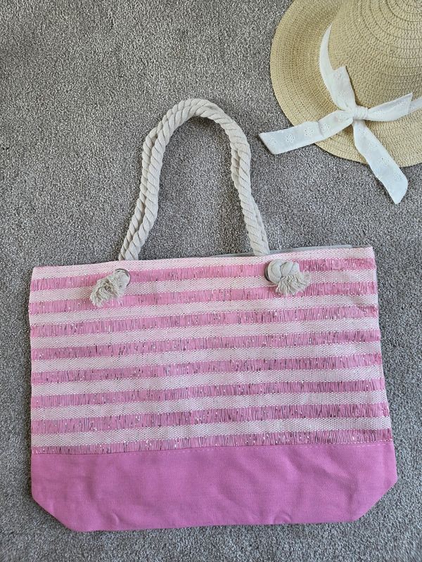 Striped Picnic Swimming Beach Bag - Pink Striped Picnic Swimming Beach Bag - Pink
