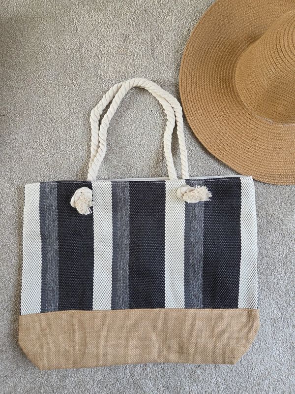 Striped Picnic Swimming Beach Bag - Black &amp; Jute