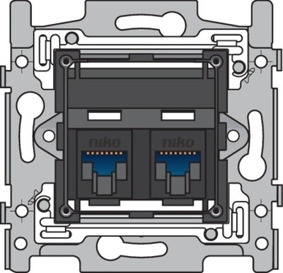 2 RJ45-aansluitingen UTP cat. 6, schuine uitvoering, incl. inbouwraam met schroefbevestiging