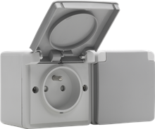 Niko Hydro, dubbel horizontaal stopcontact met penaarde, kinderveiligheid en schroefklemmen – inclusief doos met twee ingangen bovenaan Niko Hydro, dubbel horizontaal stopcontact met penaarde, kinderveiligheid en schroefklemmen – inclusief doos met twee ingangen bovenaan