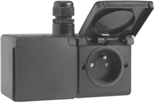 Niko Hydro, spuitwaterdicht dubbel horizontaal stopcontact met penaarde, kinderveiligheid en insteekklemmen – inclusief doos met één ingang bovenaan, black Niko Hydro, spuitwaterdicht dubbel horizontaal stopcontact met penaarde, kinderveiligheid en insteekklemmen – inclusief doos met één ingang bovenaan, black