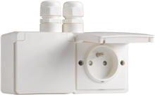 Niko Hydro, spuitwaterdicht dubbel horizontaal stopcontact met penaarde, kinderveiligheid en insteekklemmen – inclusief doos met twee ingangen bovenaan Niko Hydro, spuitwaterdicht dubbel horizontaal stopcontact met penaarde, kinderveiligheid en insteekklemmen – inclusief doos met twee ingangen bovenaan