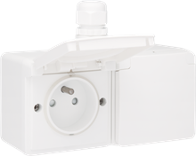 Niko Hydro, spuitwaterdicht dubbel horizontaal stopcontact met penaarde, kinderveiligheid en insteekklemmen – inclusief doos met één ingang bovenaan, white Niko Hydro, spuitwaterdicht dubbel horizontaal stopcontact met penaarde, kinderveiligheid en insteekklemmen – inclusief doos met één ingang bovenaan, white