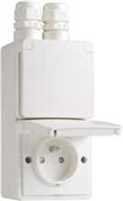 Niko Hydro, spuitwaterdicht dubbel verticaal stopcontact met penaarde, kinderveiligheid en insteekklemmen – inclusief doos met twee ingangen bovenaan, wh Niko Hydro, spuitwaterdicht dubbel verticaal stopcontact met penaarde, kinderveiligheid en insteekklemmen – inclusief doos met twee ingangen bovenaan, wh
