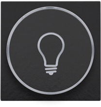 Afwerkingsset met doorschijnende ring met lampsymbool voor drukknop 6A met amberkleurige led met E10-lampvoet, piano black coated