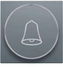 Afwerkingsset met doorschijnende ring met belsymbool voor drukknop 6 A met amberkleurige led met E10-lampvoet, blue grey coated Afwerkingsset met doorschijnende ring met belsymbool voor drukknop 6 A met amberkleurige led met E10-lampvoet, blue grey coated