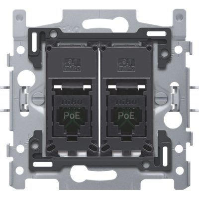 2 RJ45-aansluitingen UTP Cat. 5E, klaar voor PoE++, vlakke uitvoering, incl. sokkel 60 x 71 mm met klauwbevestiging 2 RJ45-aansluitingen UTP Cat. 5E, klaar voor PoE++, vlakke uitvoering, incl. sokkel 60 x 71 mm met klauwbevestiging