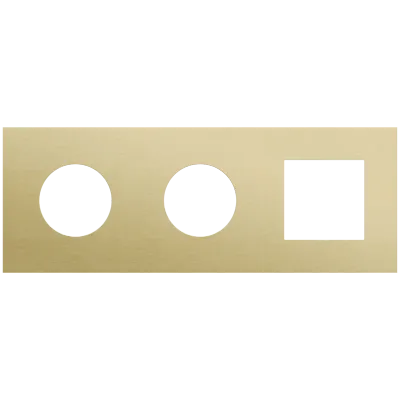 Drievoudige afdekplaat, horizontaal 71 mm centerafstand,voor twee stopcontacten en een 45 x 45 mm functie, Niko Rocker en Niko Toggle alu gold brushed Drievoudige afdekplaat, horizontaal 71 mm centerafstand,voor twee stopcontacten en een 45 x 45 mm functie, Niko Rocker en Niko Toggle alu gold brushed