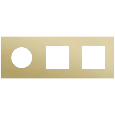Drievoudige afdekplaat, horizontaal 71 mm centerafstand,voor een stopcontact en twee 45 x 45 mm functies, Niko Rocker en Niko Toggle alu gold brushed Drievoudige afdekplaat, horizontaal 71 mm centerafstand,voor een stopcontact en twee 45 x 45 mm functies, Niko Rocker en Niko Toggle alu gold brushed