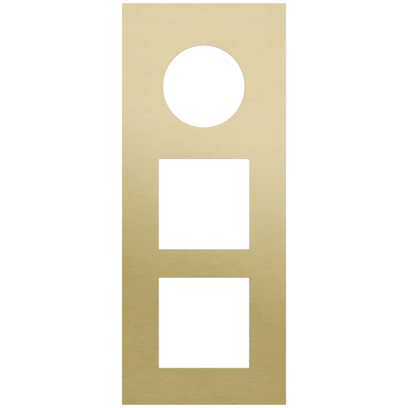 Drievoudige afdekplaat, verticaal 60 mm centerafstand, voor een stopcontact en twee 45 x 45 mm functies, Niko Rocker en Niko Toggle alu gold brushed Drievoudige afdekplaat, verticaal 60 mm centerafstand, voor een stopcontact en twee 45 x 45 mm functies, Niko Rocker en Niko Toggle alu gold brushed