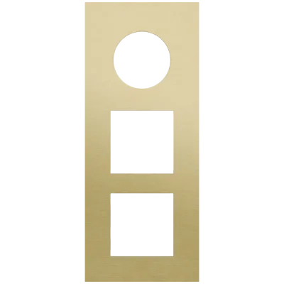 Drievoudige afdekplaat, verticaal 60 mm centerafstand, voor een stopcontact en twee 45 x 45 mm functies, Niko Rocker en Niko Toggle alu gold brushed Drievoudige afdekplaat, verticaal 60 mm centerafstand, voor een stopcontact en twee 45 x 45 mm functies, Niko Rocker en Niko Toggle alu gold brushed