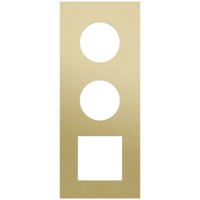 Drievoudige afdekplaat, verticaal 60 mm centerafstand, voor twee stopcontacten en een 45 x 45 mm functie, Niko Rocker en Niko Toggle alu gold brushed Drievoudige afdekplaat, verticaal 60 mm centerafstand, voor twee stopcontacten en een 45 x 45 mm functie, Niko Rocker en Niko Toggle alu gold brushed