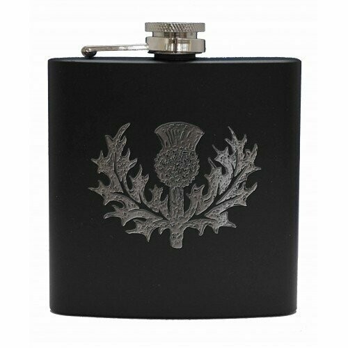 6oz Matt Black Hip Flask, Thistle