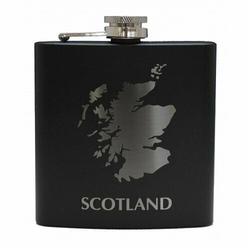 6oz Matt Black Hip Flask, Scotland Map
