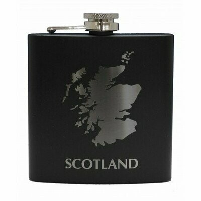 6oz Matt Black Hip Flask, Scotland Map