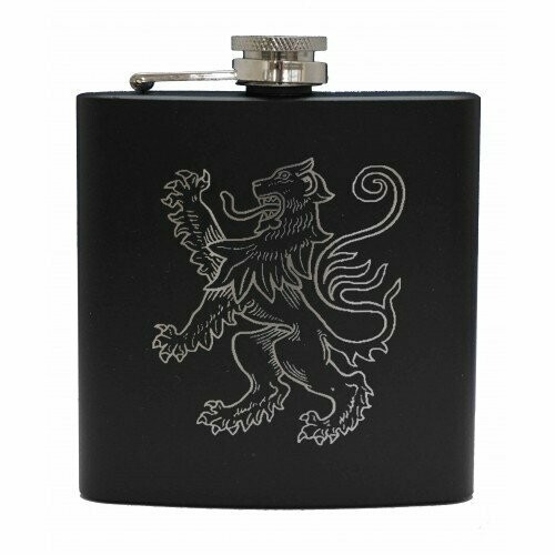 6oz Matt Black Hip Flask, Lion Rampant