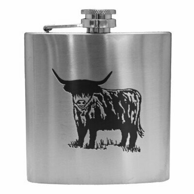6oz Stainless Steel Hip Flask, Highland Coo
