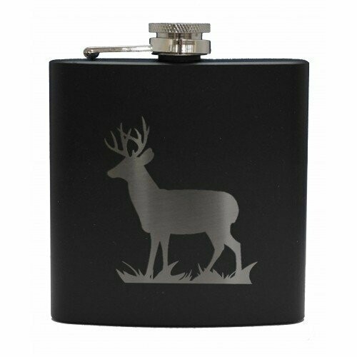 6oz Matt Black Hip Flask, Stag