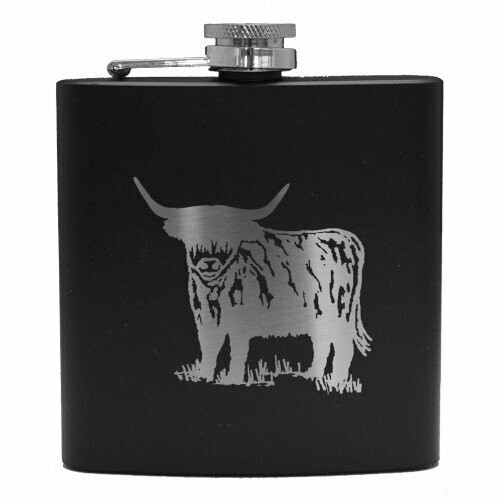 6oz Matt Black Hip Flask, Highland Coo