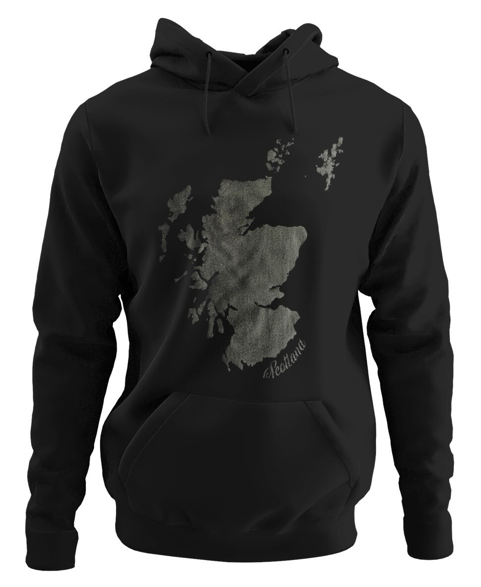 Scotland Map Black On Black Hoodie, Size: Small
