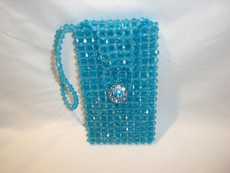 AQUA faceted Bicone Beaded Cell phone Purse Pouch wristlet *