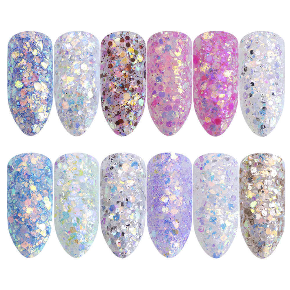 Nail Art Glitter Colorful Beautiful Nail Decoration Fine Flakes Fine Hexagonal Particles Glitter Nail Dress Up, Specifications: 12 grid-color matching t, Color Classification: Color