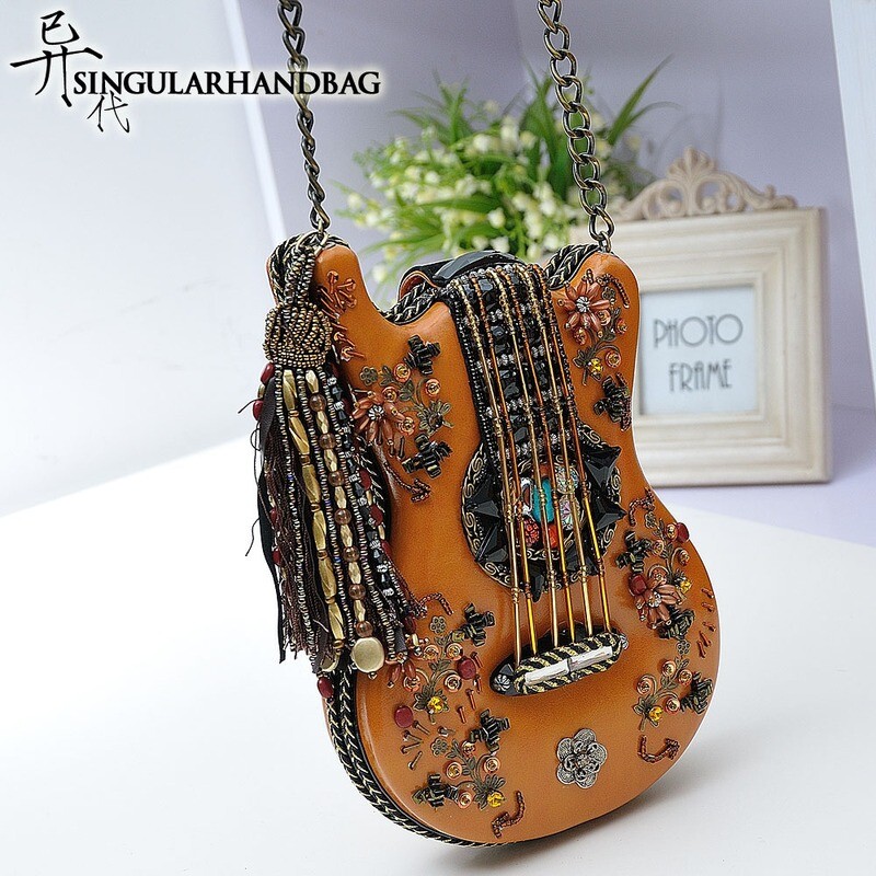 Women&amp;amp;#039;s Bag Guitar Styling Bag 2021 Retro Casual Handmade Beaded Chain Small Bag Shoulder Diagonal Bag