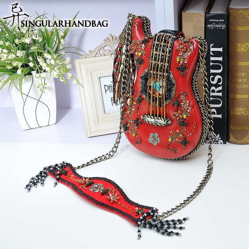 Women's Bag Guitar Styling Bag 2021 Retro Casual Handmade Beaded Chain Small Bag Shoulder Diagonal Bag