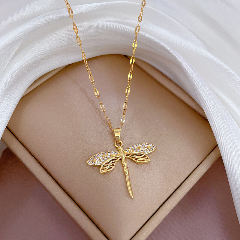 Gold necklace with dragonfly inlay, Color: J304 titanium steel chain copper pendant