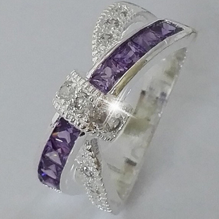 Jewelry Fashion Cross Purple Diamond Ring Female Romantic Diamond Bow Knot Ring Jewelry